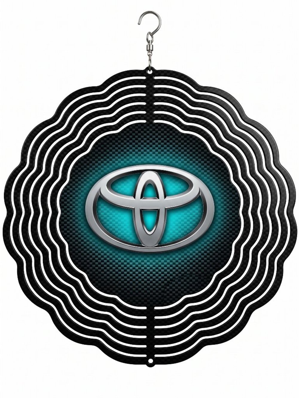 10" Toyota Logo Kinetic Wind Spinner - Teal Carbon Metal Hanging Yard Decor